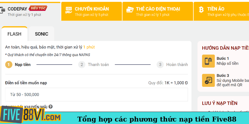 Tổng hợp các phương thức nạp tiền Five88