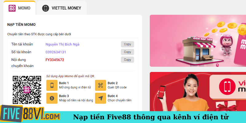 Nạp tiền Five88 thông qua kênh ví điện tử