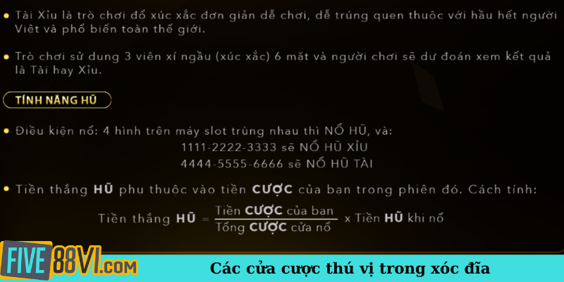 Các cửa cược thú vị trong xóc đĩa